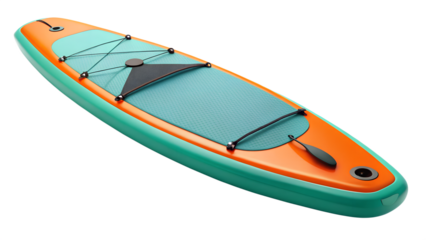 Orange and turquoise stand up paddle board isolated on transparent background for water sport and recreation, offering a fun way to exercise on the water