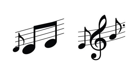 Black musical notes and a treble clef symbol on white background