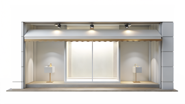 Modern store front with awning and blank window display isolated on transparent background, ideal for showcasing retail products and attracting customer attention