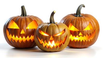 Three carved jackolanterns with glowing faces isolated on white background
