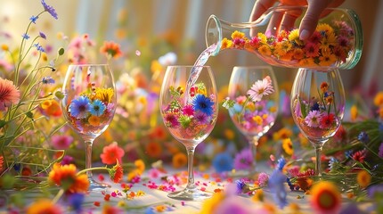 Whimsical floral arrangement in wine glasses with vibrant colors and soft bokeh creating a magical garden party atmosphere