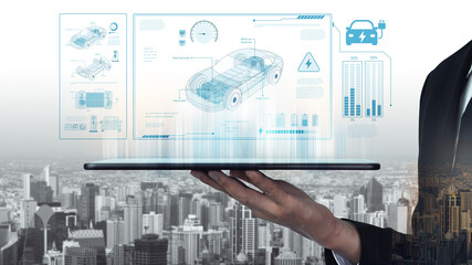 Technical layout of electric vehicle showing battery system, power control, traction motor,...