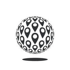 Black and white globe composed of location pin icons with shadow map marker navigation