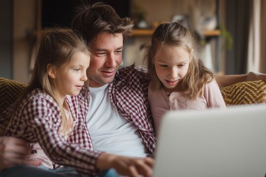 Father and two daughters enjoying screen time together at home, creating fond family memories while using a digital device indoors. - Powered by Adobe