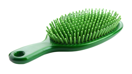 Green hairbrush isolated on transparent background, showcasing its bristles and handle, used for grooming and styling hair
