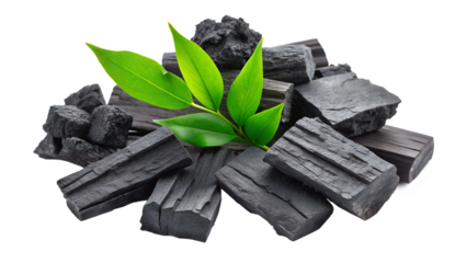 Pile of charcoal with green leaves isolated on transparent background natural wood charcoal or traditional hard wood charcoal with leaves