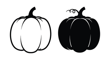 Two pumpkins in contrasting styles outline and solid black silhouette