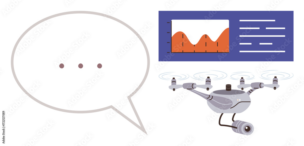 Poster quadcopter equipped with a camera, data graph analysis on a screen, and a speech bubble for communic
