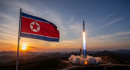 North Korean Flag Flies Proudly During Missile Launch at Sunset.