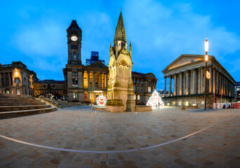 Chamberlain Square Birmingham At Dusk With Monument And Christmas Trees In Public Space