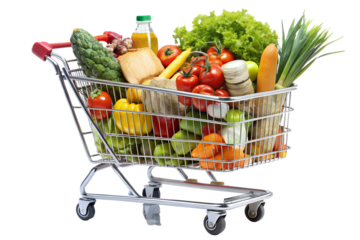 Shopping cart filled with fresh vegetables isolated on transparent background, offering a variety of healthy and nutritious options for a balanced diet