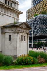 Hall of Memory in Birmingham: Classic Stone Building Beside Modern Patterned Architecture and Greenery