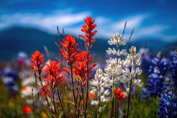 Colorful wildflowers in a meadow under a clear sky.