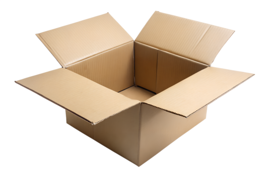Open cardboard box isolated on transparent background, inviting placement of items, symbolizing organization, relocation, and the potential for new beginnings