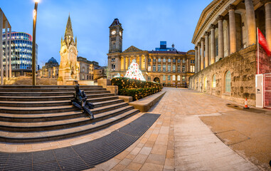 Sir Thomas Adwood Statue At Birmingham City Square With Christmas Tree And Historic Buildings