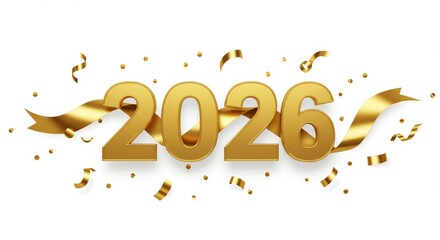 2026 golden bold symbol with falling Confetti on white background, New Year 