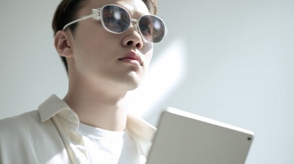 A close-up of a young man in a light shirt and augmented reality glasses. He holds a tablet with a plain white screen.