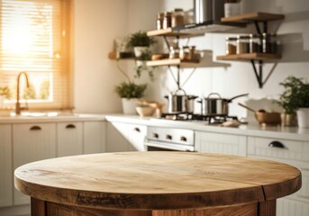 Round wooden kitchen table with natural texture in bright modern home interior with white cabinets, sunlight through window, green plants, shelves and cooking pots in background