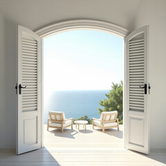 front view, panorama horizontal ratio, with white wooden 8 shutters in a row, the sun shines through, the windows open to an outdoor terrace, panorama view of ocean behind -generative ai