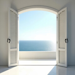 front view, panorama horizontal ratio, with white wooden 8 shutters in a row, the sun shines through, the windows open to an outdoor terrace, panorama view of ocean behind -generative ai