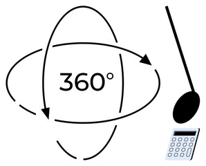 360-degree arcs with directional arrows, pendulum swing, and calculator. Ideal for science, physics, mathematics, education, mechanics motion and analysis. Simple flat metaphor