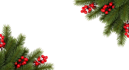 Christmas fir tree branches with red berries isolated on transparent background for decoration