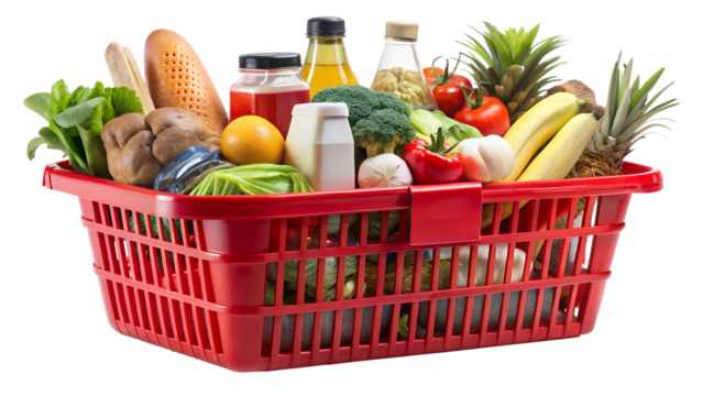 Fresh groceries in a red shopping basket isolated on transparent background, a colorful and healthy assortment of fruits, vegetables, and other food items