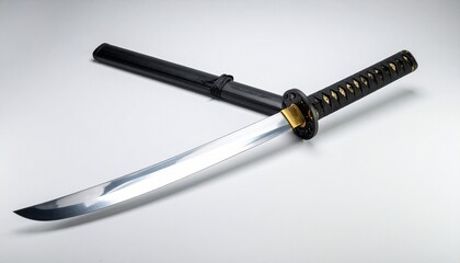 Japanese-style tanto dagger with polished blade and blue reflection, black wrapped handle with gold accents, black sheath with gold detailing on white surface.