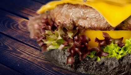 A delicious cheeseburger with beef patties served on desk