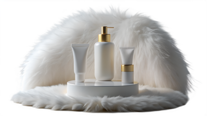 Elegant cosmetic product display on a white podium with a luxurious fur backdrop, isolated on transparent background, showcasing beauty and skincare essentials