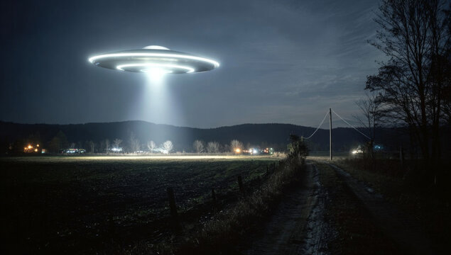 A glowing UFO hovers over a rural landscape at night.