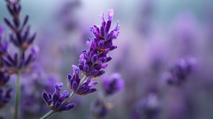 Obraz premium A close-up of a group of flowers with a fuzzy purple background in both the foreground and background