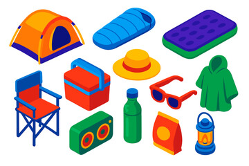 Colorful Camping Essentials. Isometric vector illustration set Festival Camping: pop-up tent, sleeping bag, inflatable mattress,