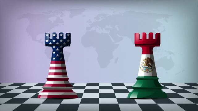 Two Standing Rooks Representing USA vs Mexico with Flags on Bodies and World Map in Background