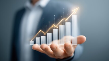 Hand holding rising business bar chart symbolizing corporate success, growth, and strategic planning for employment and career development, Generative AI