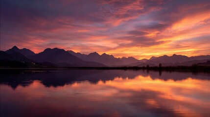 Fototapeta premium A picturesque scene of a vast lake surrounded by majestic mountains and a backdrop of wispy clouds