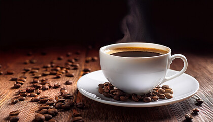 Fototapeta premium Hot Coffee In A White Cup With Roasted Beans On The Saucer