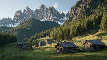 Obraz premium A cluster of wooden cottages nestled amidst a verdant meadow adjacent to a snow-capped peak