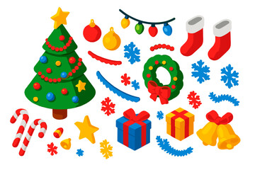 Festive Holiday Icons. Isometric vector illustration set Festive Holiday Set: decorated tree, ornaments, string lights, candy