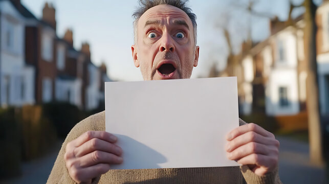 Shocked man holds blank sign in suburban street. Wide-eyed expression, open mouth. Houses visible in background, sunny day. Space for customizable message.
