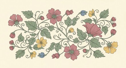 Fototapeta premium Floral Flourish: A hand-drawn floral illustration, blossoms intertwine with elegant leafy vines, creating a vintage decorative design.