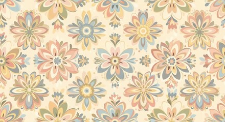 Floral Symphony: A seamless, repeating pattern of intricate floral blooms in delicate pastel hues unfolds, weaving a tapestry of natural beauty and artistic expression. 