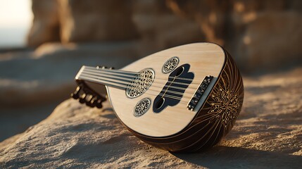 Close up of an oud resting on a rock formation with intricate designs and desert scenery in the background