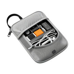 Fototapeta premium Grey tech organizer bag, gadgets, travel, accessories, blurred background