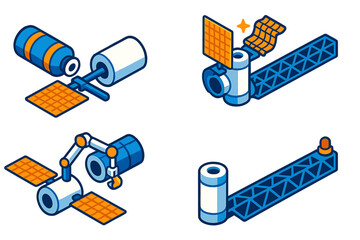 Space Station Growth. Isometric vector illustration set Space Station Expansion: new module arriving, solar panels folding,