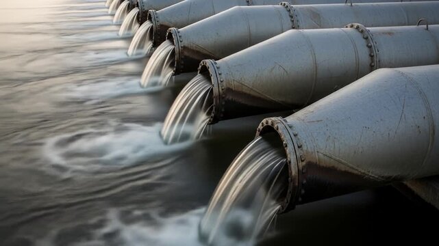 Row Of Large Metal Pipes Discharging Water Into a Body Of Water On a Cloudy Day Outdoors