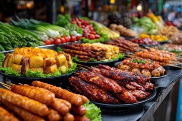 Grilled Street Food Display with Various Meats and Vegetables