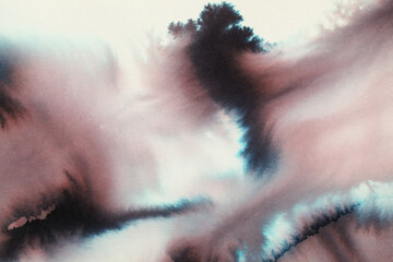Abstract background of two-component calligraphy ink runs and blooms on paper 