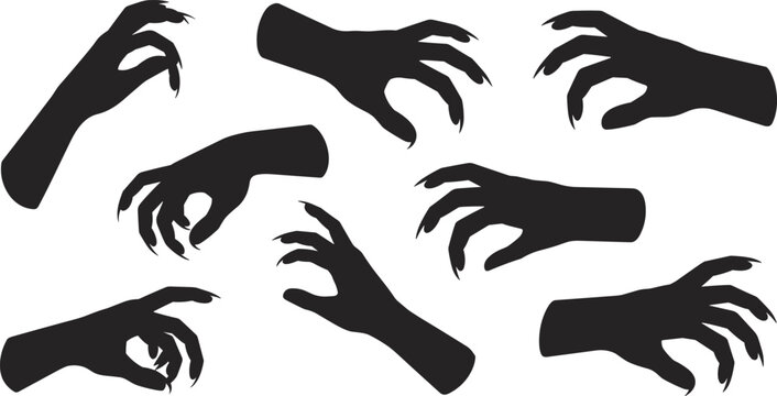 Creepy horror hands silhouette vector, scary clawed gesture illustration, spooky black shadow design, monster hand graphic, Halloween art element for poster, decoration