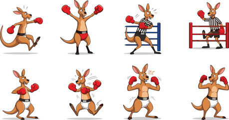 Cartoon Kangaroo Boxing Character Set Featuring Referee Roles, Victory Poses, and Action Stances for Sports, Education, and Entertainment Projects